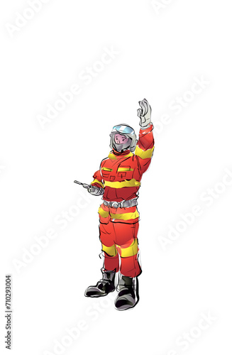 fireman operation wearing red protection suit