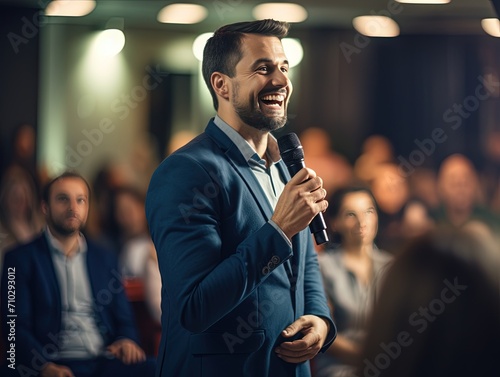 Confident Question: Seminar Attendee with Microphone,Engaged Seminar Participant