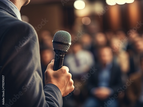 Confident Question: Seminar Attendee with Microphone,Engaged Seminar Participant