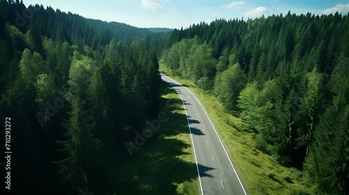 Arial shot of the road into the forest for exploration , aerial shot, road, forest, exploration