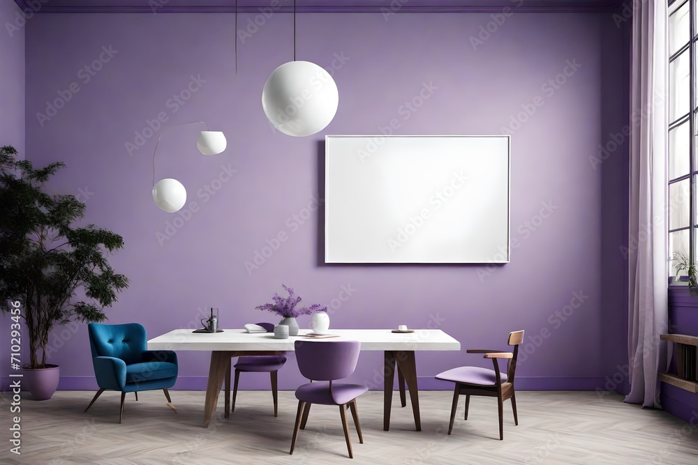A minimalist oasis with a blank white canvas on a muted lavender wall, paired with a singular cobalt chair, bathed in the soft radiance of a pendant light. A minimalist oasis with a blank white canvas on a muted lavender wall, paired with a singular cobalt chair, bathed in the soft radiance of a pendant light.