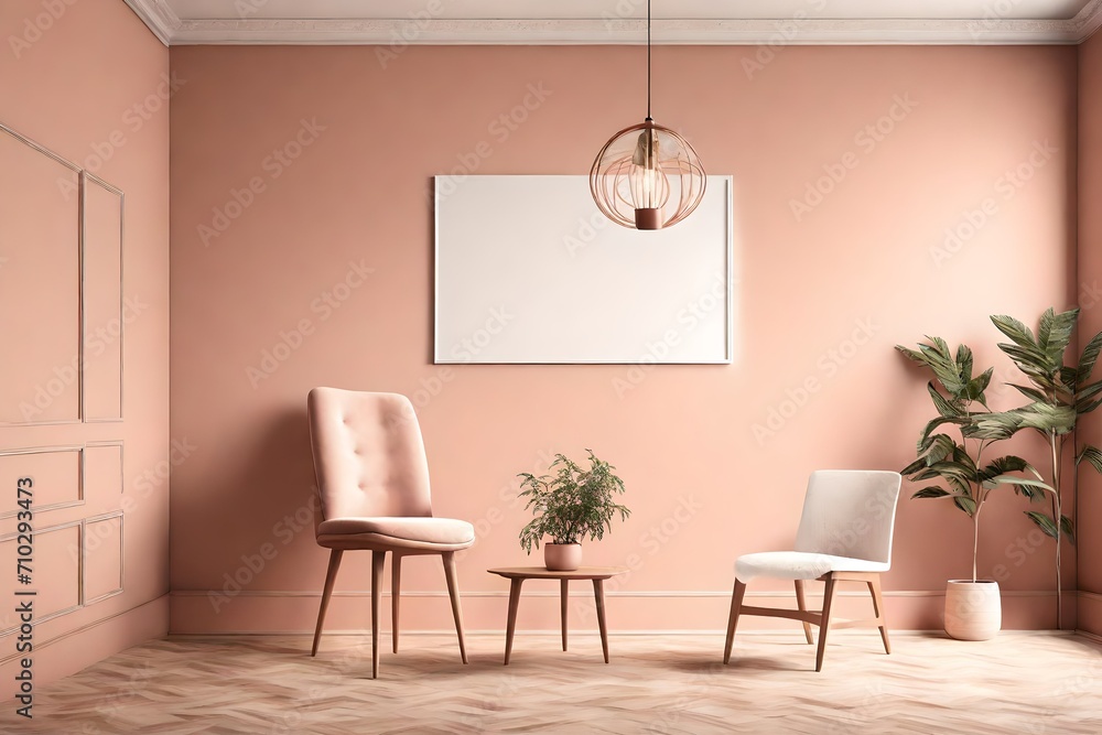 A strikingly simple room mockup with an empty white frame on a serene blush wall, accompanied by a singular terracotta chair, all enhanced by the gentle radiance of a pendant light. A strikingly simple room mockup with an empty white frame on a serene blush wall, accompanied by a singular terracotta chair, all enhanced by the gentle radiance of a pendant light.
