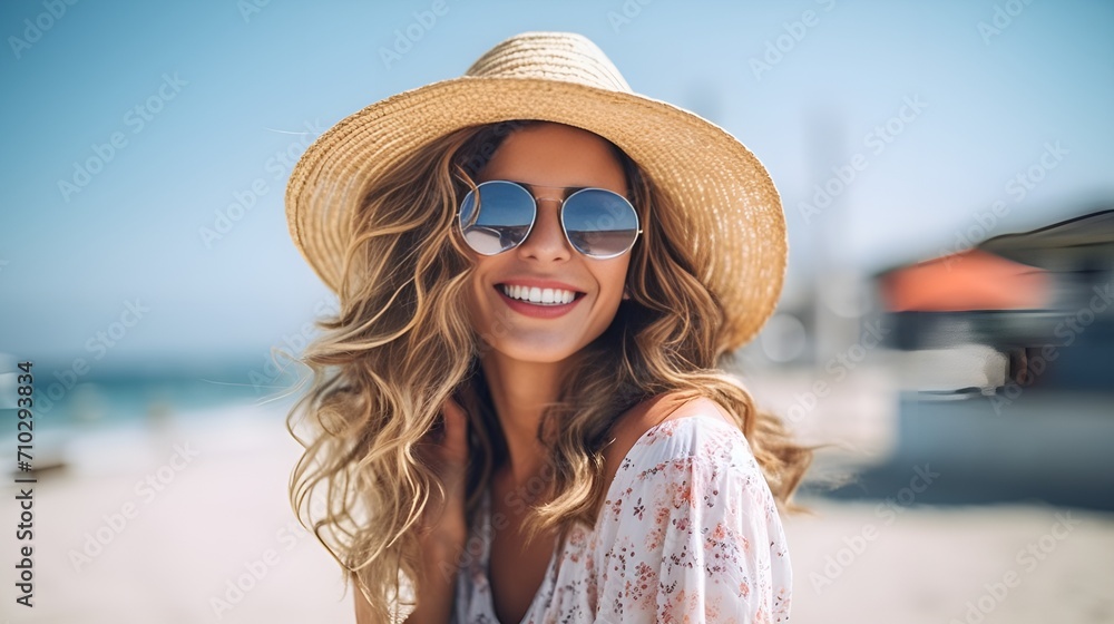 A woman in a sun hat and sunglasses enjoying a summer day , woman, sun hat, sunglasses, enjoying, summer