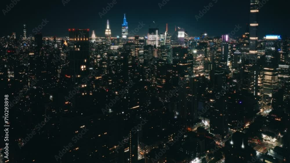 Big Apple cityscape at night drone shot. New York city night evening ...