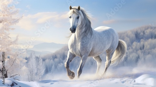 white horse on winter background
