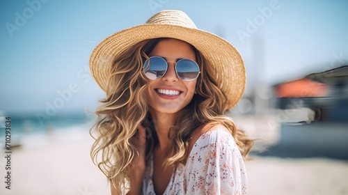 A woman in a sun hat and sunglasses enjoying a summer day , woman, sun hat, sunglasses, enjoying, summer