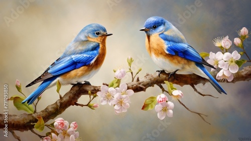 Eastern Bluebirds male and female perched on a flowering branch in spring