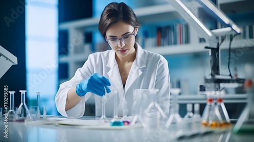 A woman in a lab coat conducting experiments , woman, lab coat, conducting experiments