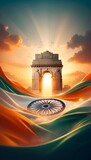 Illustration of indian gate at sunset with wavy indian flag.