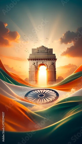 Illustration of indian gate at sunset with wavy indian flag. photo