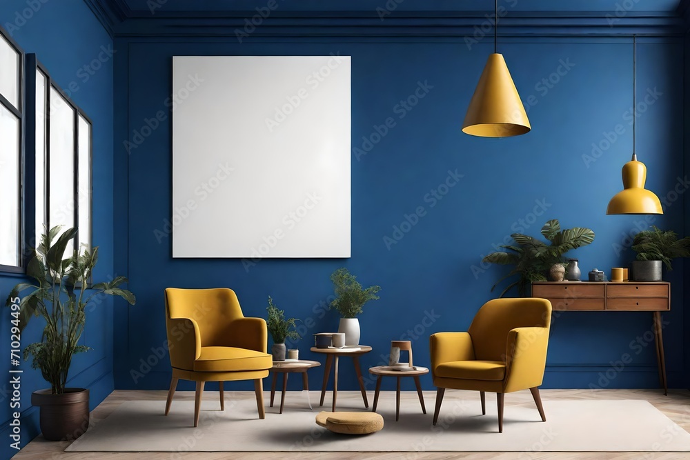 An inviting interior mockup featuring a blank white canvas on a clear cobalt wall, paired with a singular mustard chair, and lit by the subtle warmth of a pendant light. An inviting interior mockup featuring a blank white canvas on a clear cobalt wall, paired with a singular mustard chair, and lit by the subtle warmth of a pendant light.