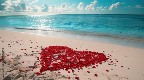 Wallpaper Mural A romantic tableau with red rose petals creating a heart shape on a pristine, white sandy beach Torontodigital.ca