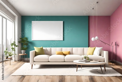 An uniquely simple living room featuring a sleek sofa  an empty white frame mockup against a clear solid color wall  and a burst of bright color  all lit by the contemporary allure of a pendant light.
