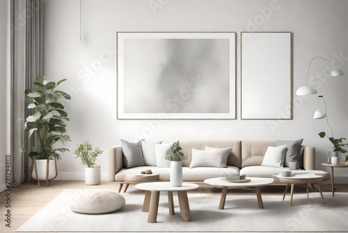 A snapshot of tranquility in a living room  where simplicity meets elegance with unadorned furniture and a blank white empty frame mockup against a backdrop of soft  muted colors.