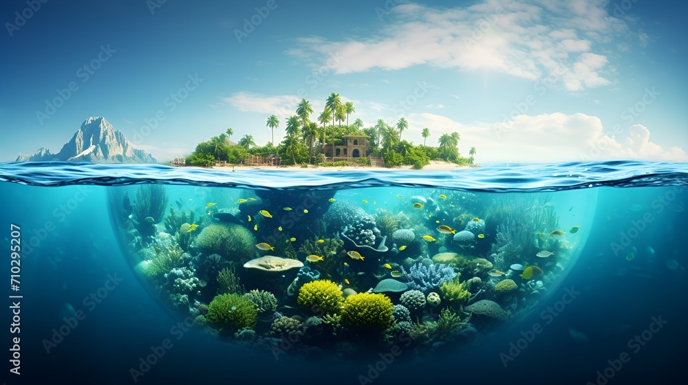 Beautiful island shot from water level in a colorful setting , beautiful island, water level, colorful setting