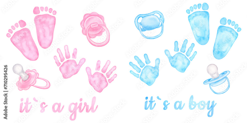 Little blue pink palm, handprint, footprint. Pacifier, dummy for newborn girl, boy. Baby shower, gender reveal party. Hand drawn watercolor illustration isolated on white background