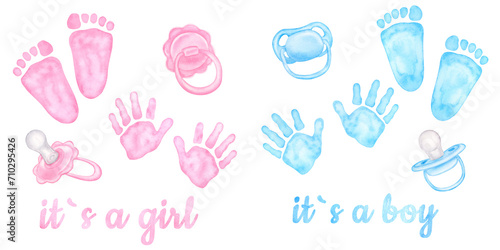 Little blue pink palm, handprint, footprint. Pacifier, dummy for newborn girl, boy. Baby shower, gender reveal party. Hand drawn watercolor illustration isolated on white background