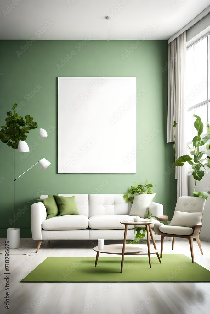 A minimalist living room with a white sofa, a blank white empty frame mockup on the wall, and a vibrant green accent chair. The room is illuminated by a sleek floor lamp. A minimalist living room with a white sofa, a blank white empty frame mockup on the wall, and a vibrant green accent chair. The room is illuminated by a sleek floor lamp.