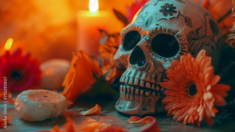 Day of the Dead Altar Adorned with Vibrant Skulls and Blooming Flowers - A Traditional Tribute to Departed Loved Ones, Celebrating Life and Death in a Colorful Display