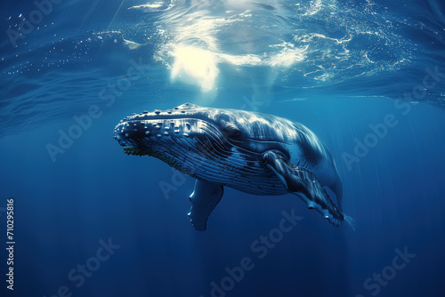 Big blue mammal whale floating in water, sea life