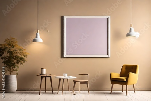 A tranquil room mockup showcasing a blank white frame on a muted mustard wall  adorned with a single lilac chair  and softly illuminated by a pendant light.