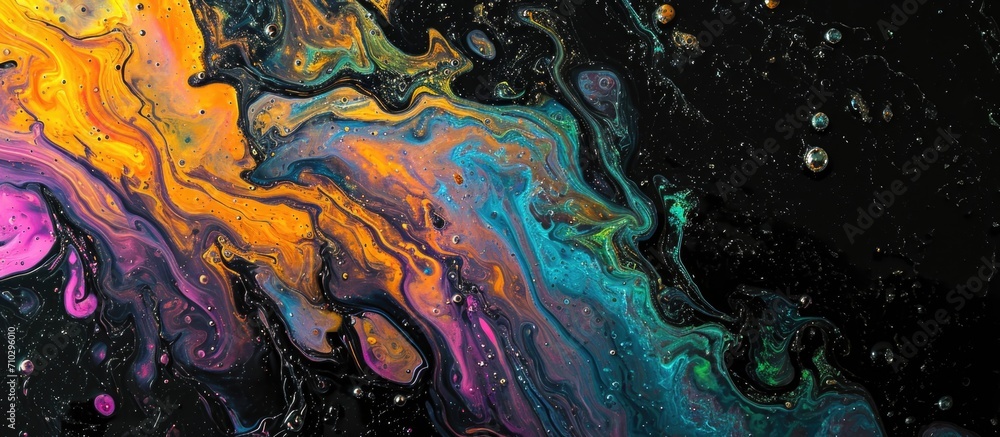 Vibrant oil spill with iridescence on black backdrop