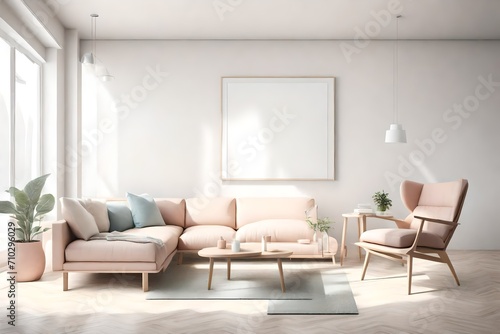 A minimalist living room bathed in natural light, showcasing uncomplicated furniture, a blank white empty frame mockup, and a harmonious blend of soft, pastel colors. © Tae-Wan