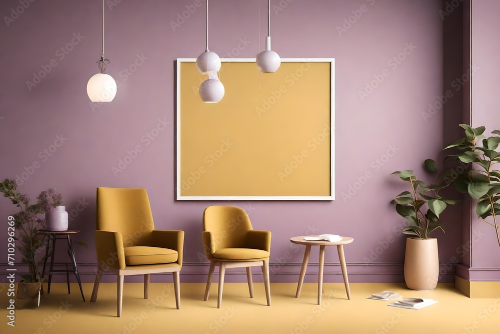 A tranquil room mockup showcasing a blank white frame on a muted mustard wall, adorned with a single lilac chair, and softly illuminated by a pendant light. A tranquil room mockup showcasing a blank white frame on a muted mustard wall, adorned with a single lilac chair, and softly illuminated by a pendant light.