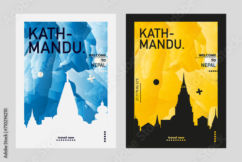 Kathmandu city poster pack with abstract skyline, cityscape, landmark and attraction. Nepal capital travel vector illustration layout set for vertical brochure, website, flyer, presentation