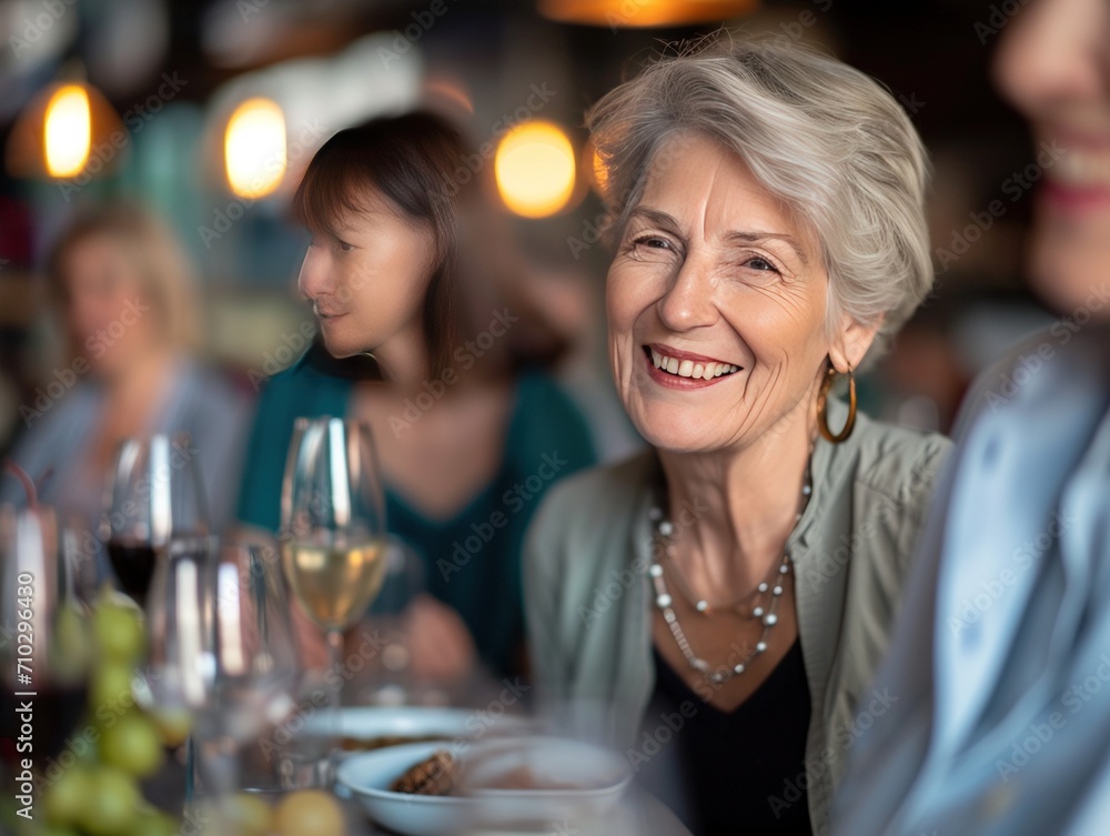 The senior Woman smiles and talks with a friend in the restaurant, Restaurant Reunion: Joyful Senior Smiles The senior Woman smiles and talks with a friend in the restaurant, Restaurant Reunion: Joyful Senior Smiles