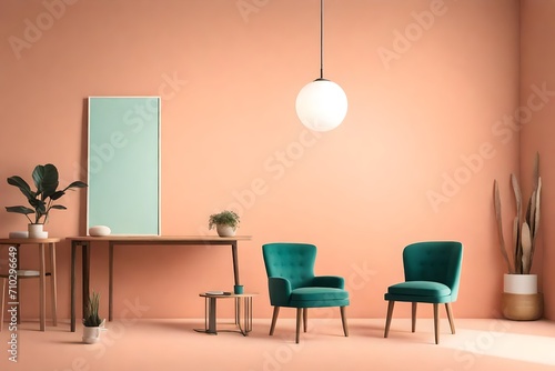 A minimalist room mockup featuring a blank white canvas on a serene peach-colored wall, paired with a singular teal chair, bathed in the soft glow of a pendant light. © Tae-Wan