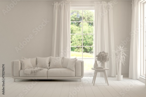 Fototapeta Naklejka Na Ścianę i Meble -  Grey living room concept with sofa and summer landscape in window. Scandinavian interior design. 3D illustration