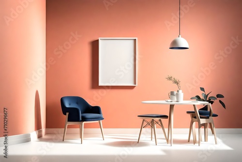 A unique minimalist interior with an empty white frame on a muted coral wall, accompanied by a single navy chair, all illuminated by a sleek pendant light. © Tae-Wan