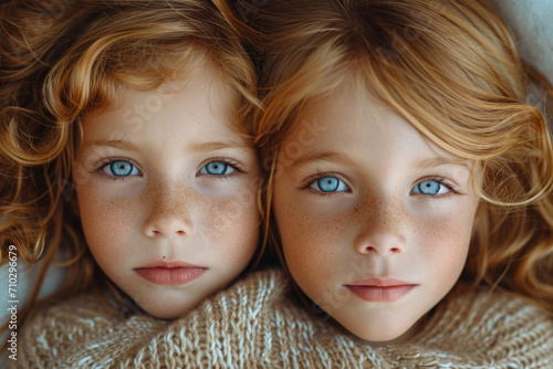 The identical faces of twins immersed in the simple joys of everyday life