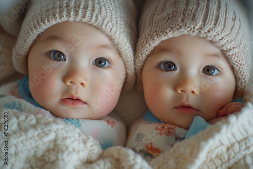 The identical faces of twins immersed in the simple joys of everyday life