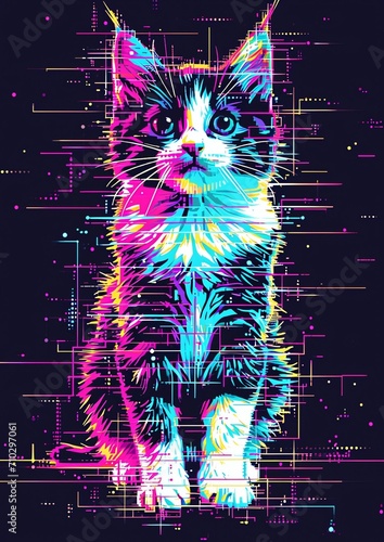 Synthwave Glitch Pattern Cat Isolated on a Black Background photo