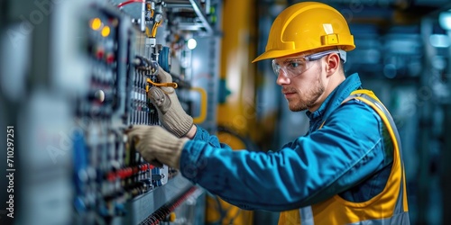 Electrical engineer operating electrical equipment on a factory
