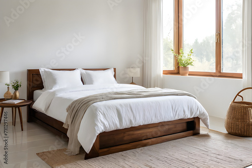 wooden bed against empty white wall