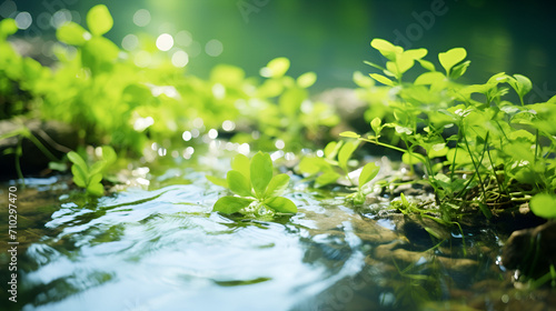 Water on green leaves in slow motion stream of fresh  and bokeh background ai generative