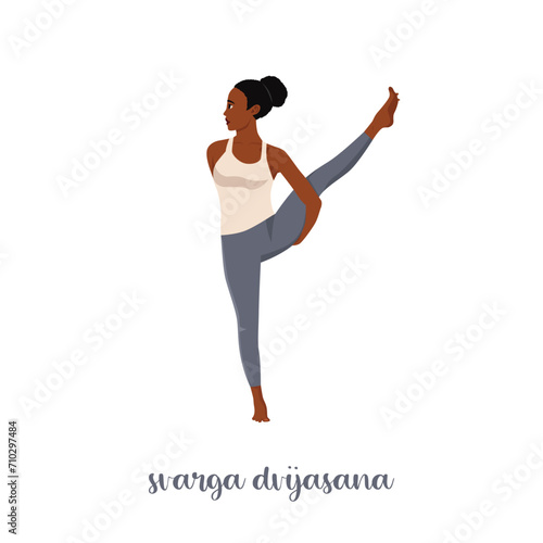 Woman practicing yoga Svarga Dvijasana, or Bird of Paradise.Professional Calmness and relax woman. Flat vector illustration isolated on white background