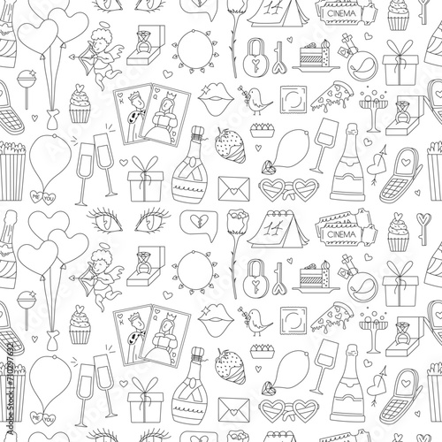 Seamless pattern of cute hand drawn elements about love. Happy Valentine's Day vector illustration. Design elements isolated on white. Doodle style. Line art