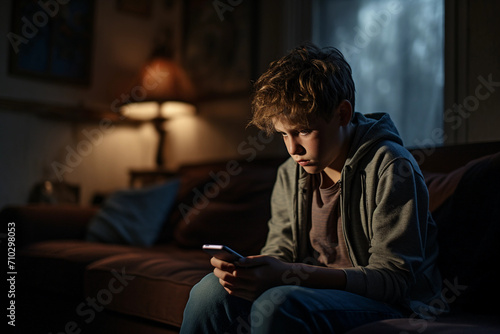 male teenager seriously looking at his smartphone, looks depressed