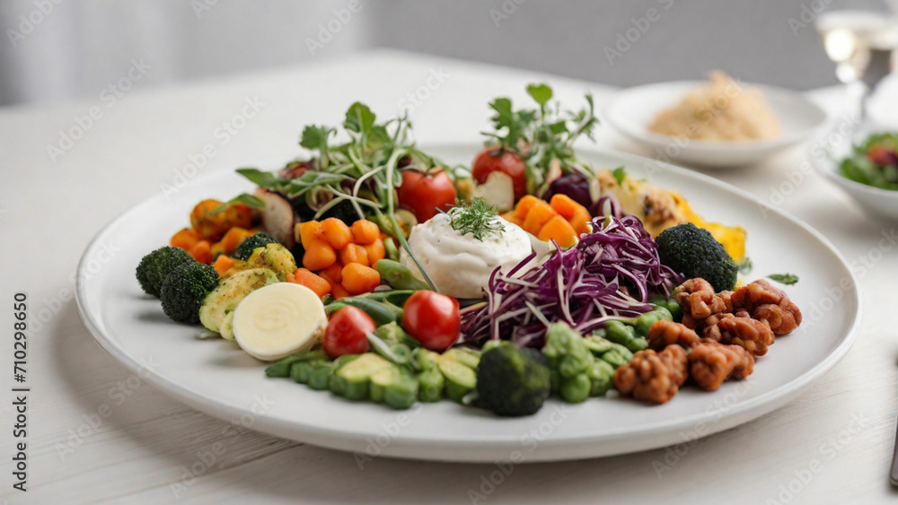 a veg food plate placed on a pristine white wooden table in a restaurant setting emphasize the textures and flavors of the dishes a veg food plate placed on a pristine white wooden table in a restaurant setting emphasize the textures and flavors of the dishes
