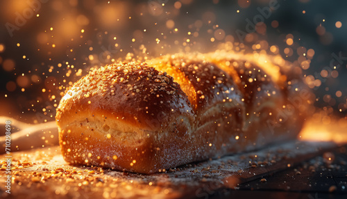 Freshly baked sesame bread on wooden surface with sparkles floating around,AI generated. photo