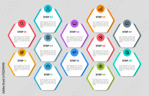 Modern business infographic template, hexagon shape with 12 options or steps icons. photo