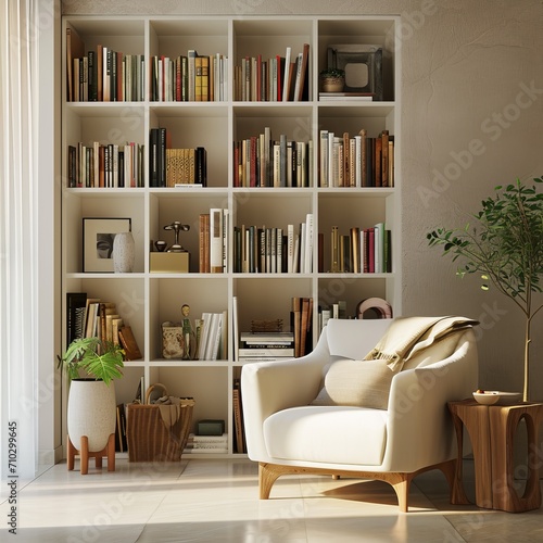 Illuminated Modern Study Room with White Bookshelf Full of Diverse Books, Cozy Armchair, and Indoor Plant © Sheharyar