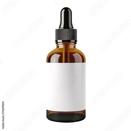 amber dropper bottle with a blank white Label isolated on a transparent background mockup, 4oz amber glass serum bottle png for cosmetics, natural essential oil presentation photo