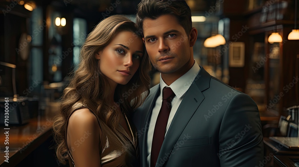 Beautiful young couple looking at each other while standing in a restaurant Beautiful young couple looking at each other while standing in a restaurant