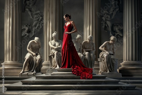 Elegant woman in red dress among classic statues with smartphones, a stark commentary on modern versus ancient communication