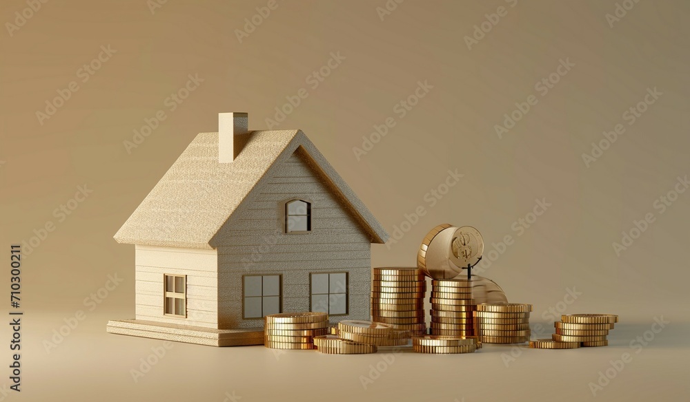 Minimalist 3D Building, Arrow and Coins in Navy and Beige Colors Minimalist 3D Building, Arrow and Coins in Navy and Beige Colors